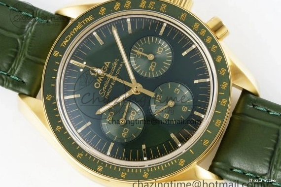 0205 Speedmaster Moonwatch in Moonshine Gold YG RMF Best Edition Green Dial on Green Leather Strap Manual Chrono EasyCare 7832